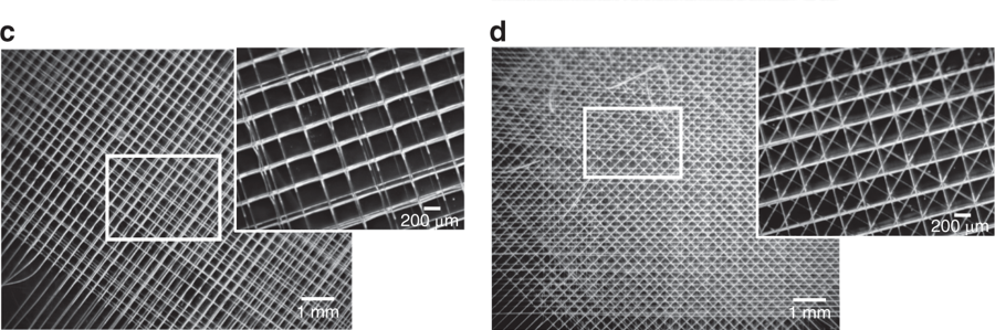c) 3D woven fibrous mesh with “0–90°” pore microarchitecture fabricated with direct melt electrowriting (MEW). The sample is designated MEW|0–90°. d) 3D woven fibrous mesh with “0–45°” pore microarchitecture. The sample is designated as MEW|0–45°. Image via MIT.