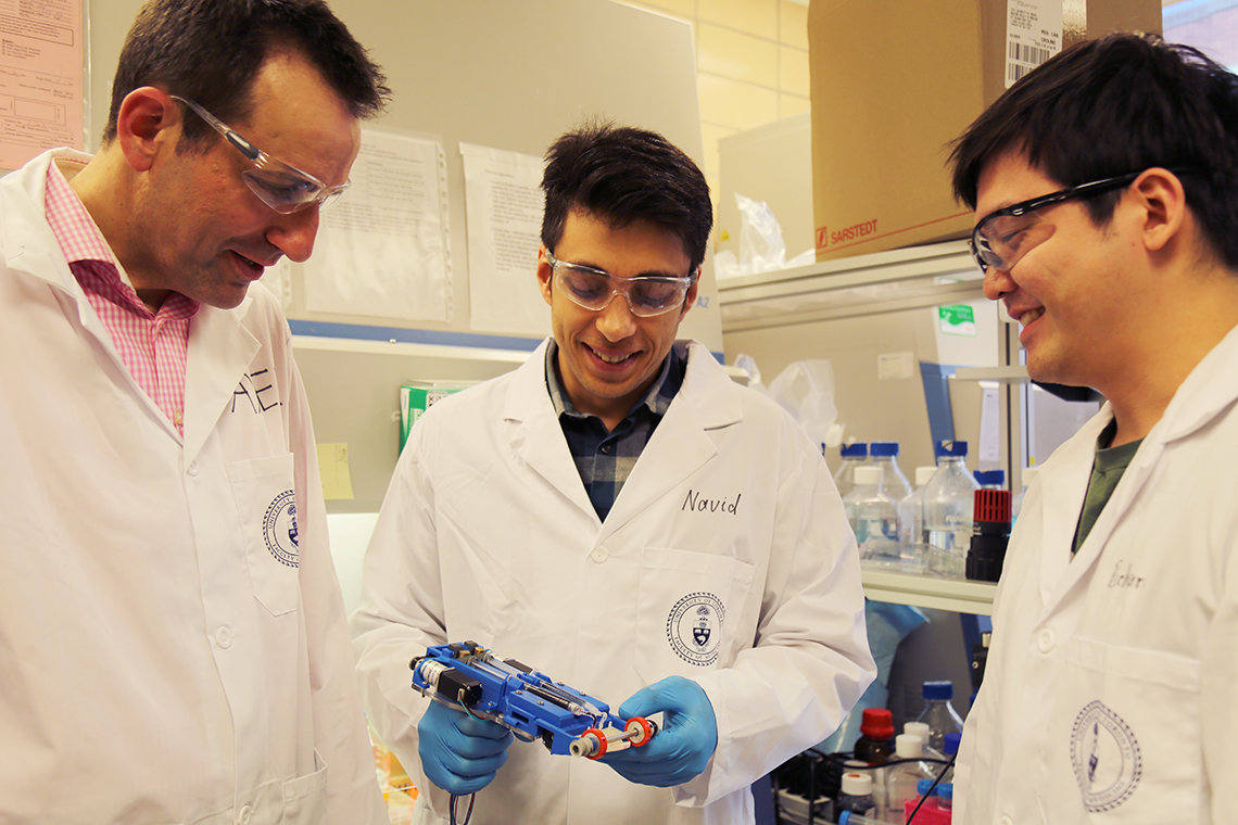 Researchers (L-R) Guenther, Hakimi and Cheng, who created the first ‘skin printer’ that can help treat deep skin wounds. Photo via UoT/Liz Do.