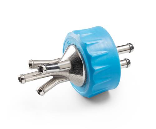 4-Port GL 45 bottle connector cap manufactured using metal 3D printing.