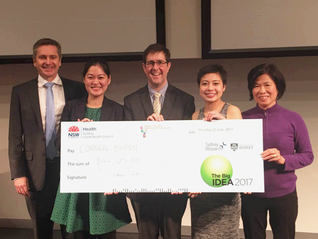 (Left to Right)Professor Gerard Sutton, Dr. Jingjing You, Dr. Simon Cooper, PhD student Hannah Frazer and Dr. Li Wen receiving the Big Idea Grant at the Vision Eye Institute. Photo via the University of Sydney.