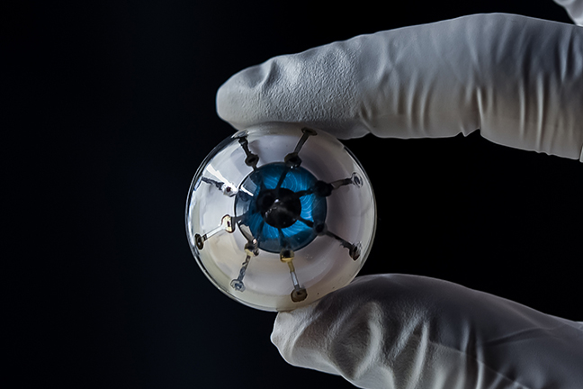 The 3D printed optoelectronic "bionic eye" device. Photo via UMN/McAlpine Group.